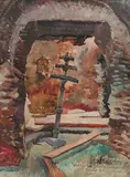 Alexandru Phoebus, Interior de biserică în Salonic, acuarelă pe hârtie lipită pe carton