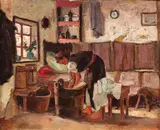 Ţărăncuţă spălând rufele by Nicolae Enea, ulei pe pânză lipită pe carton, sold Mar 2017