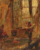 La fereastră by Rudolf Schweitzer–Cumpăna, ulei pe carton, sold Mar 2017