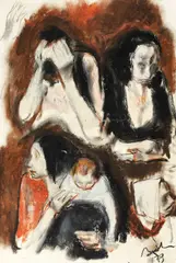 Corneliu Baba, Spaimă, 1979, guaşă, ceracolor şi cărbune pe hârtie lipită pe carton