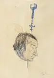 Portret de artist (Ovidiu Maitec) by Corneliu Baba, creion, acuarelă şi pix pe hârtie lipită pe carton, sold Mar 2017