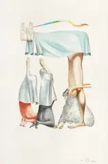 Hey by Jules Perahim, 1970, creioane colorate pe hârtie lipită pe carton, offered Mar 2017