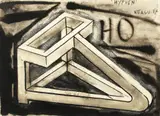 Paul Neagu, Hyphen, 1987, acuarelă, tuş şi cărbune pe hârtie lipită pe carton