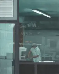 Untitled (Worker through Shop Window) by Serban Savu, 2006, ulei pe pânză, sold Mar 2017