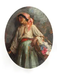 Florăreasa by Nicolae Vermont, 1920, ulei pe carton, sold Feb 2017