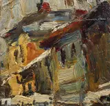 Case din Sighişoara by Rudolf Schweitzer–Cumpăna, ulei pe carton, sold Feb 2017