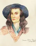 Adina Paula Moscu, Autoportret cu pălărie, creioane colorate pe hârtie
