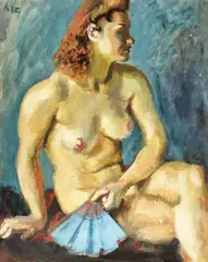 Nud cu evantai by Iosif Iser, guașă pe hârtie lipită pe carton, sold Feb 2017