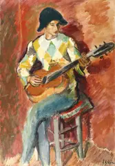 Arlechin cu chitară by Iosif Iser, guașă pe hârtie lipită pe carton, sold Dec 2016
