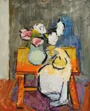 Natură statică cu flori și fructe by Alexandru Ciucurencu, 1947, ulei pe carton, sold Dec 2016