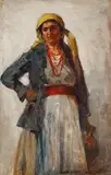 Ţărăncuţă cu mărgele roşii by Nicolae Vermont, 1926, ulei pe carton, sold Dec 2016