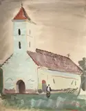 Alexandru Phoebus, Duminica la mănăstire, guaşă şi acuarelă pe hârtie