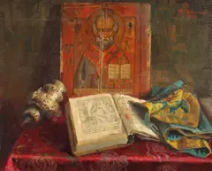 Constantin Bârneanu, Natură statică cu Sf. Nicolae, 1941, ulei pe pânză