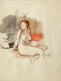 Jules Pascin, Nud pe divan, acuarelă și tuș pe hârtie