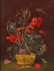Maci by Petre Velicu, 1984, ulei pe pânză lipită pe lemn, offered Dec 2016