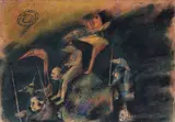 Ștefan Câlția, Oameni cu ţepuşe, 1985, acuarelă, tuş, pastel şi foiţă de aur pe hârtie