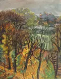 Iosif Iser, Vedere din atelier (Grădină pariziană pe Avenue Versailles), 1933, guaşă pe hârtie  lipită pe placaj