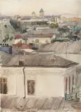 Ștefan Constantinescu, Vedere către Palatul Mogoșoaia, acuarelă şi creion pe hârtie