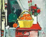 Flori şi coş cu portocale by Gheorghe G. Vânătoru, 1977, ulei pe pânză lipită pe pfl, sold Dec 2016