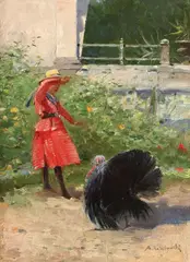 sfârșitul sec. al XIX-lea Școală poloneză, Fetița și curcanul, ulei pe lemn