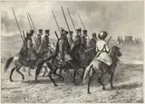 Auguste Raffet, Escorta cazacilor, 1838, litografie pe hârtie subțire dublată