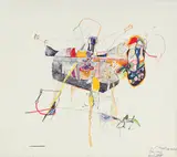 Georgeta Năpăruș, Calul troian, 1997, cariocă, pix şi  acuarelă pe hârtie lipită pe carton