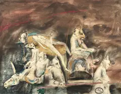 Ștefan Câlția, Suită regală, 1983, acuarelă, pastel, foiţă de aur şi tuş pe hârtie lipită pe carton