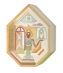 Alexandru Chira, Casa geometrului cu suveică şi nor, 1991, ulei pe pânză