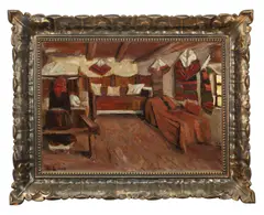 Interior țărănesc by Nicolae Enea, ulei pe carton, sold Oct 2016