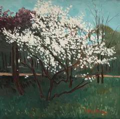 Zarzăr în floare by Spiru Vergulescu, ulei pe PFL, sold Sep 2016