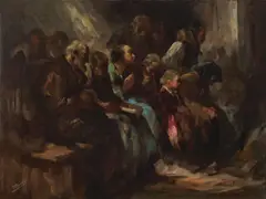 Slujba de duminică by Antal Péczely, ulei pe pânză lipită pe carton, sold Sep 2016