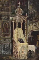 Interior de biserică by Horia Bernea, 1988, ulei pe pânză, sold Jul 2016
