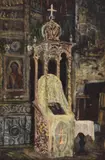Interior de biserică by Horia Bernea, 1988, ulei pe pânză, sold Jul 2016