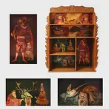 Consolă din lemn, pictată cu scene cavalerești și de vânătoare by Petre Velicu, 1988, ulei pe lemn, offered Jul 2016