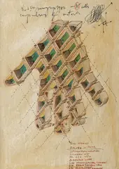 Paul Neagu, Sigi Krauss Hand (35 cells), 1972, serigrafie cu intervenţii de peniţă şi creioane colorate pe hârtie lipită pe panza