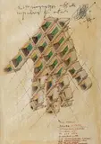 Paul Neagu, Sigi Krauss Hand (35 cells), 1972, serigrafie cu intervenţii de peniţă şi creioane colorate pe hârtie lipită pe panza