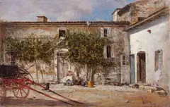 Theodor Aman, Curte interioară în Contrexéville, 1879, ulei pe lemn
