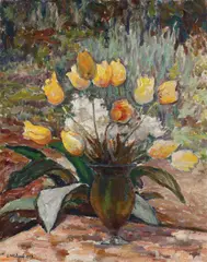 Lalele la Balcic by Samuel Mützner, 1957, ulei pe pânză lipită pe carton, sold Jul 2016