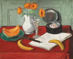 Theodor Pallady, Natură statică cu dovleac, banane și autoportret, 1938, ulei pe pânză lipită pe carton