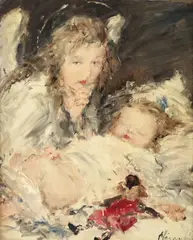 Îngerul păzitor by Aurel Naray, ulei pe pânză, sold Jun 2016