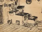 Bucătărie țărănească din Sâmbăta de Sus by Nicolae Tonitza, 1925, tuș pe hârtie lipită pe carton, sold Jun 2016