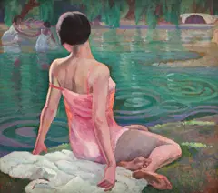 Pe malul lacului by Gore Mircescu, ulei pe carton, sold Jun 2016