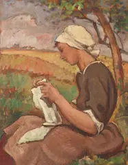 Cusătoreasă by Camil Ressu, sfârșitul anilor '40, ulei pe carton, offered Jun 2016