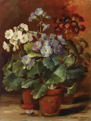 Ghivece cu primule by Elena Müller-Stăncescu, ulei pe carton, sold Jun 2016