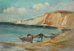 Mahoane la mal by Jean Cheller, ulei pe carton, sold Jun 2016