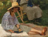 Lectură în grădină by Ipolit Strâmbu, 1928, ulei pe carton, offered Jun 2016