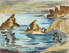 Marină by Henri Catargi, 1973, guașă, ulei și cărbune pe hârtie lipită pe pânză, sold Jun 2016