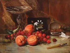 Theodor Aman, Natură statică cu cireșe, caise și tutun, 1880-1885, ulei pe pânză