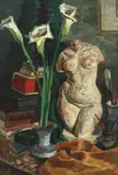 Vladimir Frimu, Natură statică cu statuetă și vas cu cale, 1944, ulei pe carton