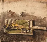 Sorin Ilfoveanu, Natură statică cu peşte, 1988, tempera pe hârtie